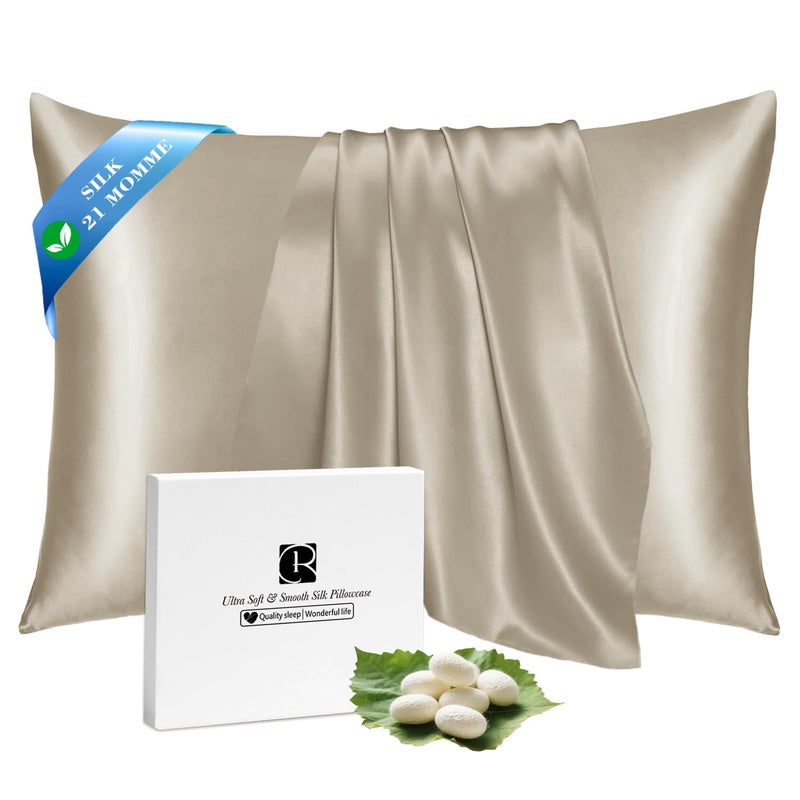 Ravmix Silk Pillow Cases with Zipper, 21momme Mulberry Silk Pillowcase for Hair Skin Health, Soft Smooth Breathable Cool Pillow Cover for Beauty Sleep with Gift Box 1PC(Queen 20"x30", Taupe) - Image 1